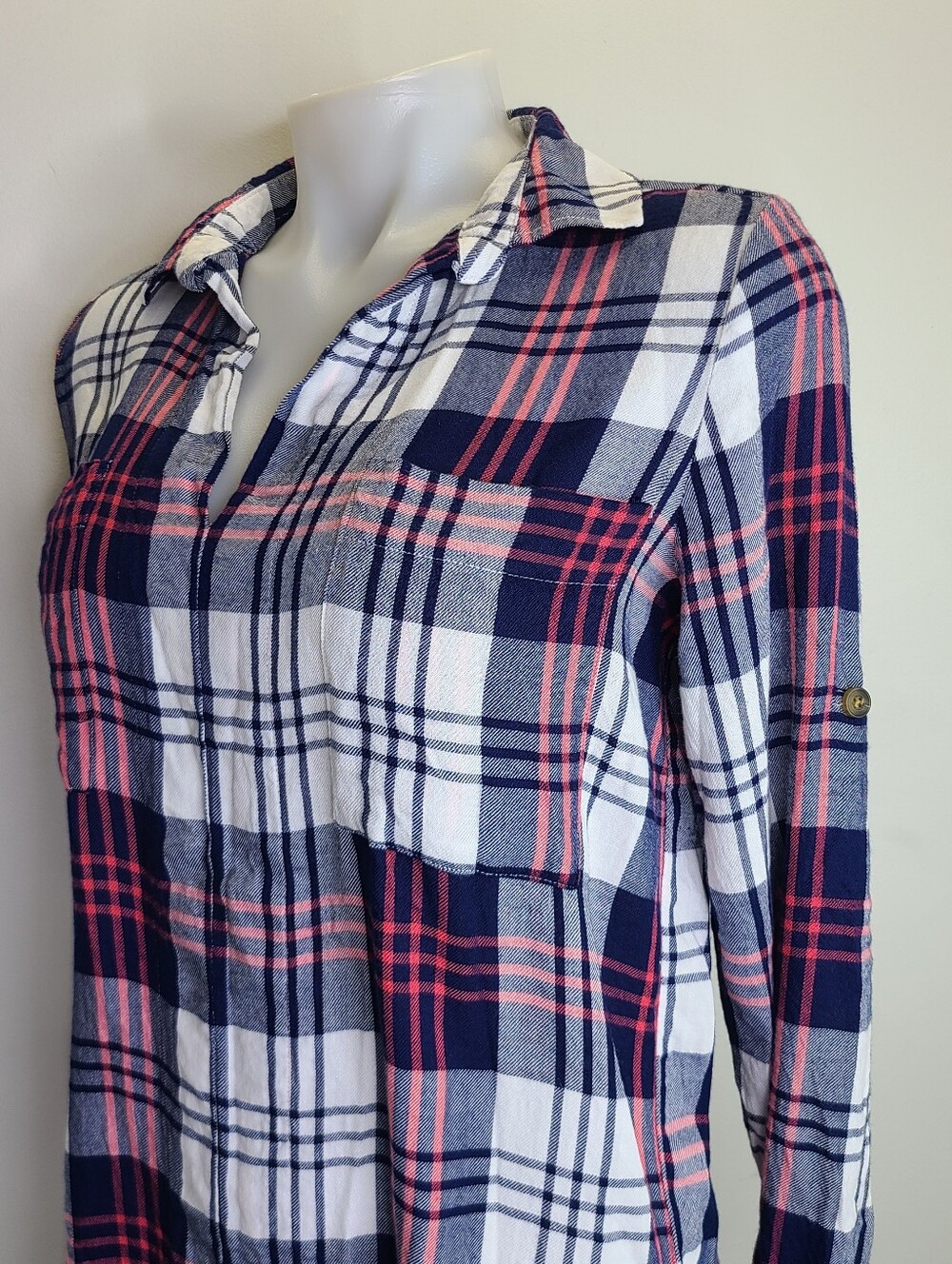 C&C California Red White and Blue Plaid Popover Tunic Top Rayon Patriotic Medium - Picture 4 of 11